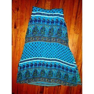 Womens L maxi skirt Cottagecore Peasant modest Boho printed teal blue side slits